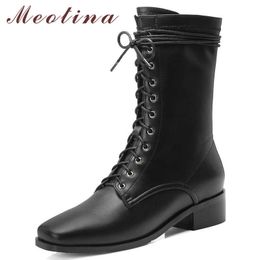 Meotina Real Leather Boots Women Natural Genuine Leather Thick Heels Mid Calf Boots Zipper Square Toe Shoes Ladies Autumn 34-39 210608