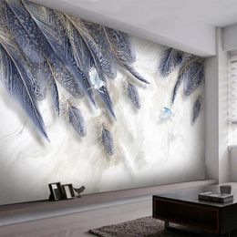 Wallpapers Custom Po Self Adhesive Wallpaper 3D Blue Feather Marble Mural Living Room TV Sofa Bedroom Creative Art Decor Waterproof