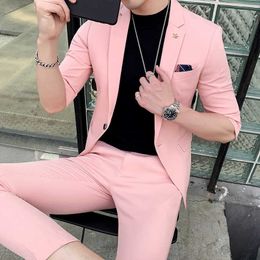 Summer Costume Homme Fashion Mens Suits Designers 2019 Pink Suits Mens Night Club Terno Masculino Smocking Slim Fit Homme 2 pcs X0909