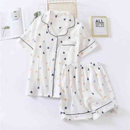 Japanese summer ladies cotton gauze short sleeve shorts pajamas suit cute heart-shaped thin section home service woman 210809