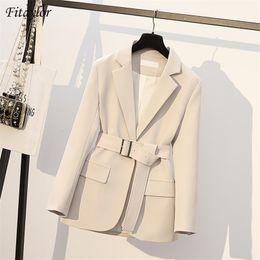 Fitaylor Spring Autumn Office Ladies Blazer Jacket Women One Button Solid Color Suit Coat Elegant Fashion Outwear with Belt 210930