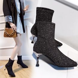 Womens Boots Autumn Winter Stretch Fabric Sock Mid-calf Boots Sexy Ladies Thin High Heels Shoes Pointed Toe Female Pumps 2022