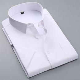 Summer Men's Short-sleeve White Basic Dress Shirt with Single Chest Pocket Standard-fit Business Formal Solid/twill/plain Shirts 210626