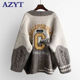 AZYT V Neck Letters Embroidery Autumn Winter Knit Women's Cardigan Oversized Patchwork Sweater Female Jacket 211011