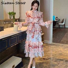 Vintage Floral Printed Woman's Dress Full-sleeve Elegant Party Vestidos Ladies Cascading Ruffle Maxi dresses Female Autumn 210603