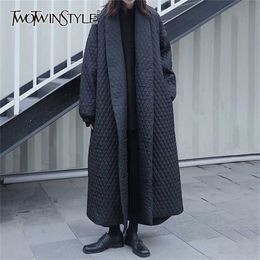 TWOTWINSTYLE Splicing Argyle Mid Parkas For Women V Neck Long Sleeve Casual Solid Cotton Coat Female Fashion Winter Stylish 211216