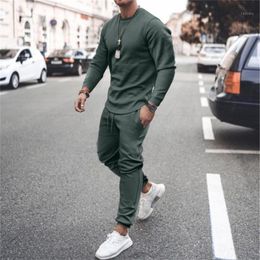 Men's Tracksuits Fashionable Simple Solid Colour Summer 2021 2-Piece Casual Long-Sleeved Top Lace-Up Belted Trousers Slim Fashion Set S-3XL