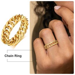 link rings UK - 6mm Thick Chunky Chain Ring Cuban Curb Link Gold Filled Stainless Steel Stylish Ring for Women Girls Q0708