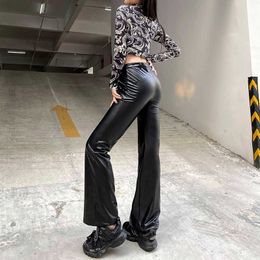 Elegant Vintage Black Faux Leather Pants Women Autumn High Waist Skinny Trousers Ladies Casual Fashion Pants Capris Q0801