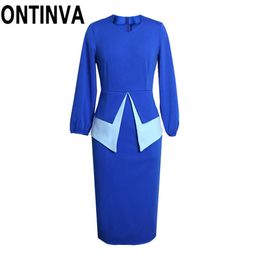 Long Sleeves Office Dress Midi Length Pencil Skirt Elegant Ladies Plus Size 2XL Blue Vintage Women Spring Autumn Fall 210527