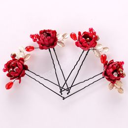 U Shaped Red Rose Flower Hairpins Clips Headpieces Bride Wedding Hair Forks Decor Headdress Handmade Party Hair Accessories