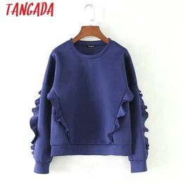 Tangada Women Casual Hoodie Sweatshirt Ruffles O-neck Long Sleeve Purple blue Ladies Autumn Winter Tops LJ201103