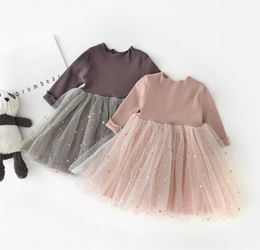 Retail Princess Dress for Baby Girls Korean Version Glitter Pentagram Long Sleeve Kids es Clothes 9M-4T E83025 210610