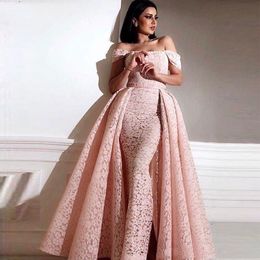 Elegant Arabic Pink Mermaid Formal Evening Dresses With Removeable Overskirt Floor Length Off The Shoulder Full Lace Prom Party Gowns 2021
