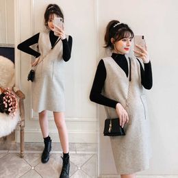 Pregnancy Maternity Dresses Long Sleeved Pregnant Women Autumn Winter Two-piece Maternity Clothes Dress Sweater Woolen Sundress X0902