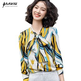 Bow Printed Shirt Women Retro Spring Fashion Long Sleeve Chiffon Blouses Office Ladies Formal Work Tops 210604