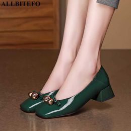 ALLBITEFO bead bow design real genuine leather high heels kitten heels fashion leisure women pumps high heel shoes basic shoes 210611