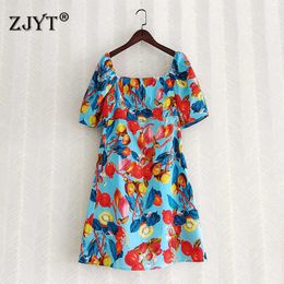 Fashion Runway Summer Designers Puff Sleeve Print 100% Cotton Dress High Quality Party Robe Femme Slash Neck Mini Holiday Dress 210601