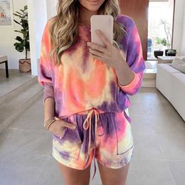 Tie Dye Sport Suits Sets Women 2Pieces Plus Size Tracksuit Fashion Short Sleeve T-Shirt+Biker Shorts Female Active Wear S-3XL Y0702