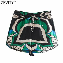 Zevity Women Vintage Contrast Tropical Leaves Print Bermuda Shorts Female Chic Lace Up Elastic Waist Pantalone Cortos P1147 210625