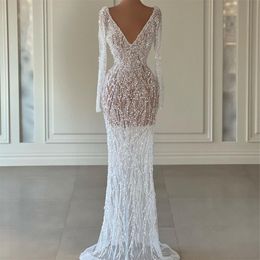 V Neck See Thru Evening Dresses 2022 Lace Sequined Prom Gowns Beading Long Sleeve Second Reception Dress