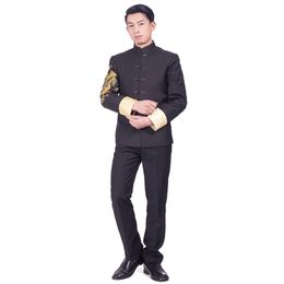 Retro Tradicional Asia Buckle Casamento Suits Casaco + Calças Estilo Chinês Homens Tang Terno Jovem Slim Fit Casual Zhongshan Roupa