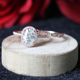 Solid 14K Rose Gold Ring Set Oval Cut 8X6mm 1.5CT Moissanite Engagement Ring& Match Band For Women