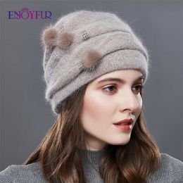 ENJOYFUR women winter cashmere knitted hats natural mink pompom stripe girl bonnet fashion warm female outdoor brand beanies 211228