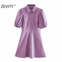 ZEVITY Women Vintage Solid Color Pleats Puff Sleeve A line Shirtdress Ladies PU Leather Vestidos Chic brand slim Dresses DS4515 210309