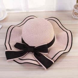 New Summer Women's Boater Beach Hat Wide side Female Casual Panama Hat Lady Classic Flat Bowknot Straw Sun Hat Women wavy Girl G220301