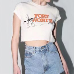 Women Horse Riding Print Crop Tee Cotton Short Sleeve Crop T-shirt 210306