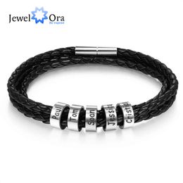 Personalised Stainless Steel Braided Rope Charm Custom Men Leather Bracelets with 2-5 Names Beads Gift for Boyfriend