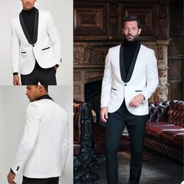 Summer Classic White Mens Pants Suits Black Shawl Lapel Groom Best Man Jacket Party Prom Wedding Blazer Tuxedos Custom 2 piece
