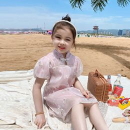 Girls clothes dresses fashion embroidered beaded cheongsam Chinese folk customs leisure vacation Beibei Quality childre clothing Q0716