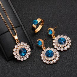 Earrings & Necklace Luxury Blue Red Crystal Bridal Jewellery Sets Gold Colour Alloy Rhinestone Stud Earring Adjust Open Ring For Women