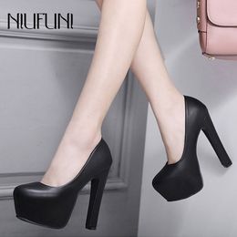 NIUFUNI Ladies High Heels Platform Pumps PU Black White Women Shoes Platform High Heels Shoes Thick Heels Work Pumps Dress Shoes 210225