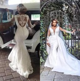 Gorgeous Mermaid Wedding Dresses 2022 with Detachable Train Bridal Gown Plunging V Neck Lace Applique Illusion Back Custom Made Tulle Vestido de novia