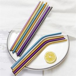 6*241mm Colourful Stainless Steel Straws Reusable Straight and Bent Drinking Straw Cleaning Brush for Home Kitchen Bar