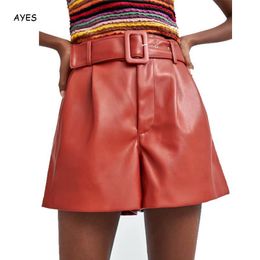 Women's Shorts A-Line Faux Leather Shortpants Pu For Women High Waist Pant With Belt Black Red XS S M L