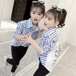 Striped Shirts for Girls Autumn School Blouse Cotton Blue Red Stripe Clothes Fot Toddler Baby 9 To 10 Years Girls Tops Fall 210306