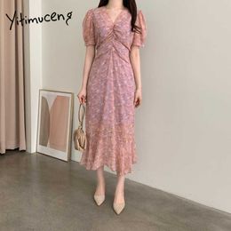 Yitimuceng Floral Print Dress Women Summer Ruched Elegant Midi Chiffon Dresses Puff Sleeve High Waist Korean Fashion 210601