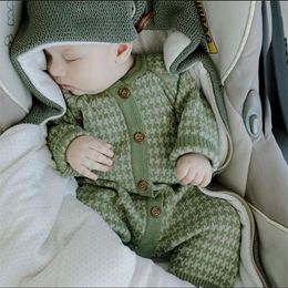Knitted Newborn Clothes Cotton Autumn Winter Baby Romper With Plaid Hat Infant Toddler Jumpsuit For Girls Boys Onesie Set 210309