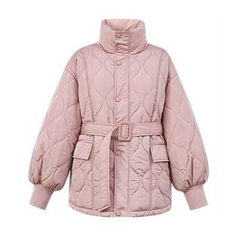 PERHAPS U Women Black White Pink Cold Stand Collar Pocket Elegant Quilted Coat Puffer Padded Parka Solid Warm Winter Sash C0400 210529