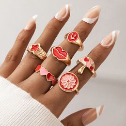 6pcs/sets INS Daisy Flowers Cherry Rings for Women Charms Geometry Love Heart Star Lips Ring Set Jewellery