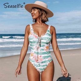 SEASELFIE Floral and Striped Swimsuit Sexy Open Back Swimwear Women Monokini Bodysuit Bathing Suit Beachwear 210630