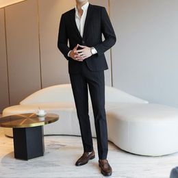 Men's Suits & Blazers Jacket+Pants Autumn Stripe Suit Men Clothing Simple All Match Slim Fit Wedding Dress Business Formal Wear Plus Size 4X