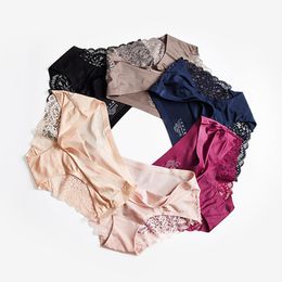 Women's Panties Ice Silk Low Waist Lace Flower Women's Underpants For Women Girl Shorts Seamless Lingere Satin Smooth Underwear Lady Set