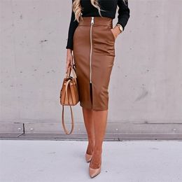 Brown Black PU Women High Waist Bodycon Split Office Pencil Front Zipper Faux Leather Midi Skirt 210310