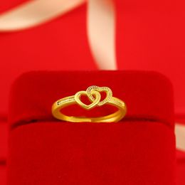 Double Heart Simple Ring Jewellery 18k Yellow Gold Filled Classic Women Finger Accessories