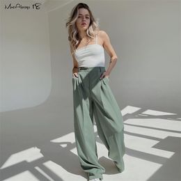 Mneawayls18 Blue Women High Waist Wide Leg Pants Ladies Casual Loose Casual Trousers Female Pleated Button Trousers Floor-Length 211112